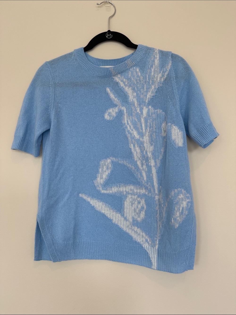 Lafayette 148 New York Powder Blue and White Floral Short-Sleeve Sweater